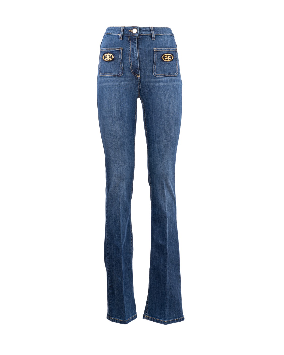 shop ELISABETTA FRANCHI Saldi Jeans: Elisabetta Franchi Jeans lungo a zampetta con toppe ricamate.
Denim stretch.
Vita regular.
Toppe ricamate con logo sul davanti.
Composizione: 99% Cotone 1% Elastane.
Made in Italy.. PJ51S26E2-104 number 9167748